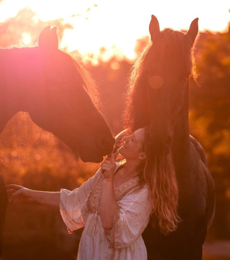 Sonnenuntergang auf der Koppel Frau umarmt zwei schwarze Pferde vor einem Sonnenuntergang.